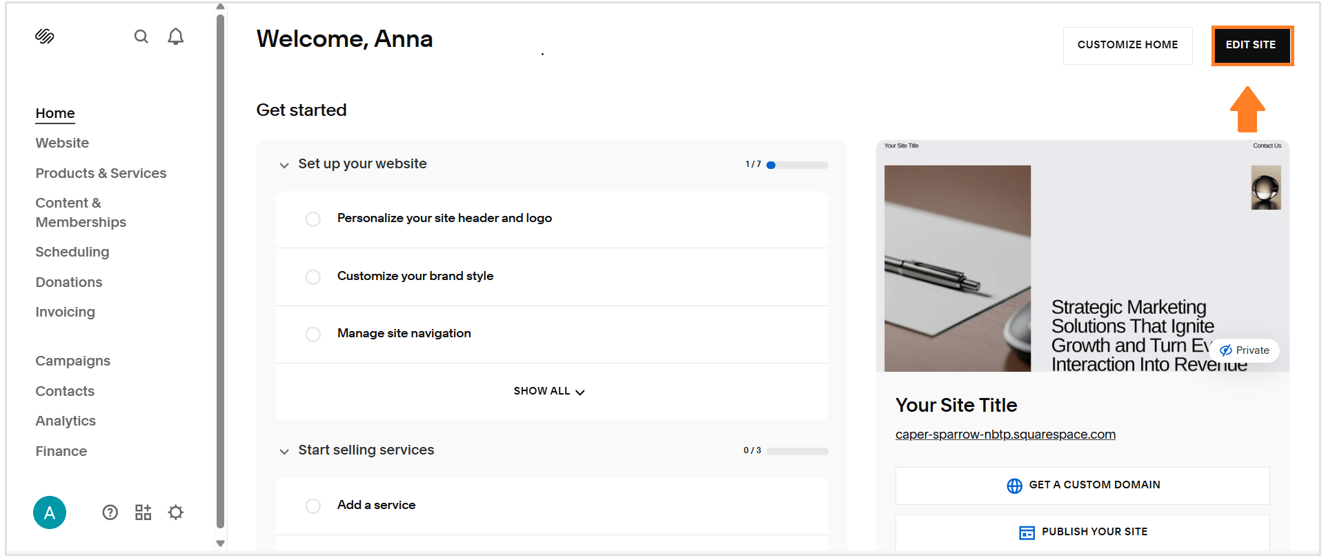 Squarespace Website Edit Page